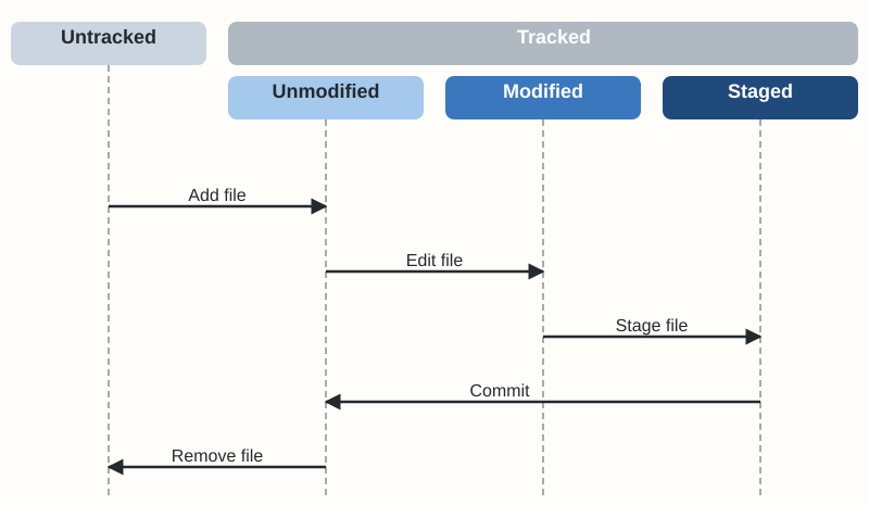 Diagram illustrating the Git file lifecycle: Untracked -> Staged -> Unmodified -> Modified.