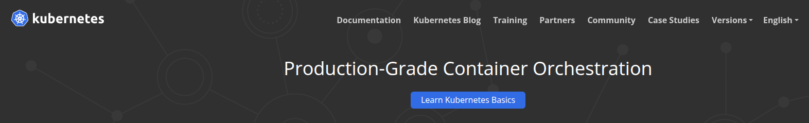 Screenshot of the Kubernetes.io homepage showing the tagline Production-Grade Container Orchestration