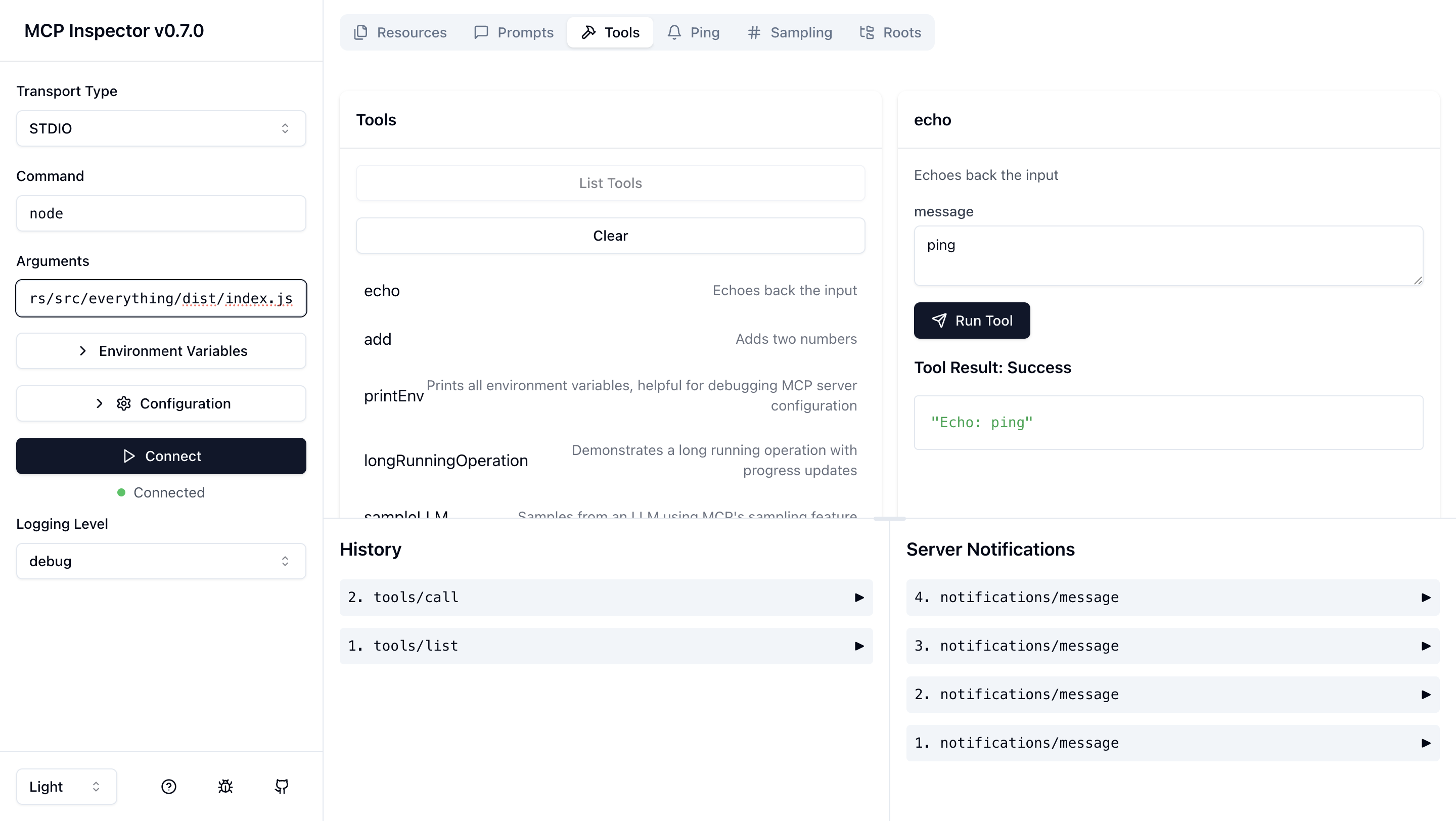 Screenshot of the MCP Inspector tool, showing a user interface for inspecting messages exchanged between clients and servers.